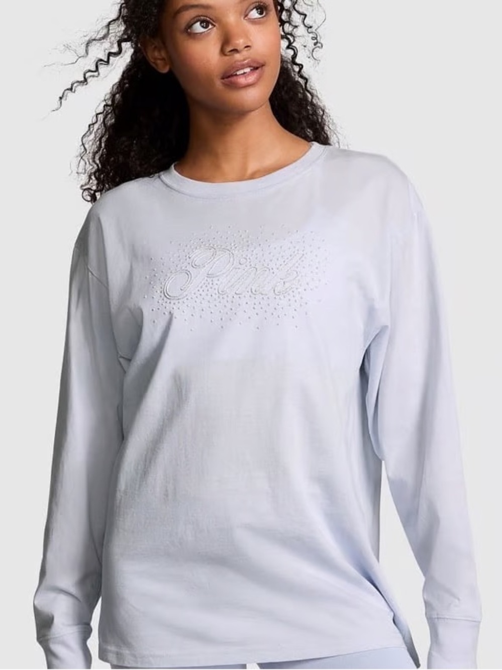 PINK VS Campus Bling Tee Lounge Cozy Weekends Relaxed Fit Blue Long Sleeve